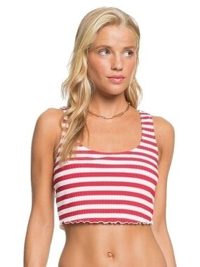NWT Roxy Striped Red and White Ribbed Crop Tank Top